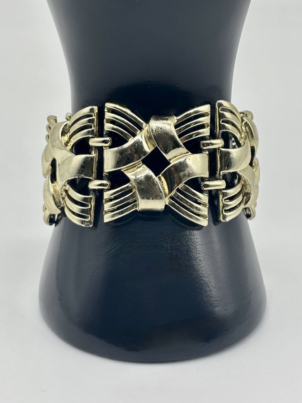 Vintage Coro Basket Weave Linked Panel Bracelet Cuff Gold-Tone Signed 7 Inches L